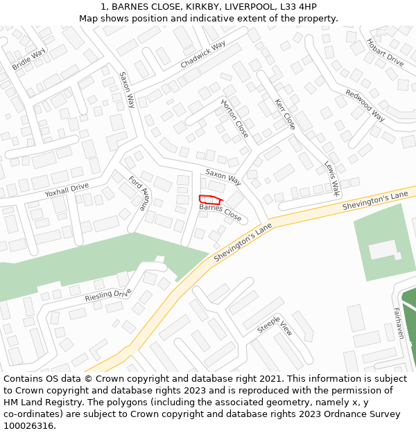 1, BARNES CLOSE, KIRKBY, LIVERPOOL, L33 4HP: Location map and indicative extent of plot