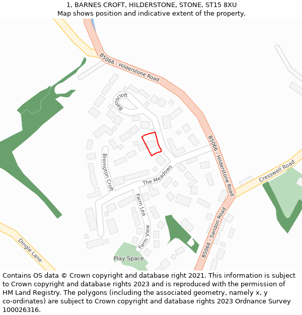 1, BARNES CROFT, HILDERSTONE, STONE, ST15 8XU: Location map and indicative extent of plot