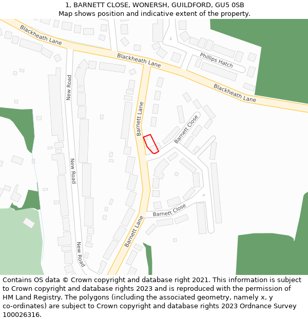 1, BARNETT CLOSE, WONERSH, GUILDFORD, GU5 0SB: Location map and indicative extent of plot