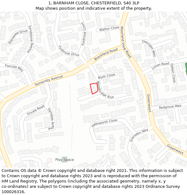 1, BARNHAM CLOSE, CHESTERFIELD, S40 3LP: Location map and indicative extent of plot