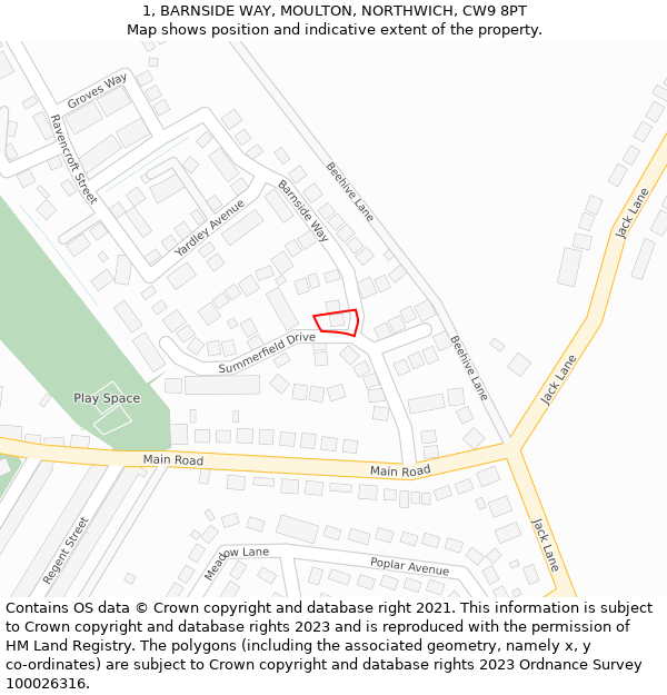 1, BARNSIDE WAY, MOULTON, NORTHWICH, CW9 8PT: Location map and indicative extent of plot