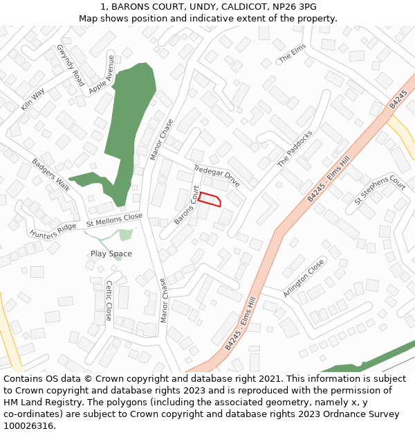 1, BARONS COURT, UNDY, CALDICOT, NP26 3PG: Location map and indicative extent of plot