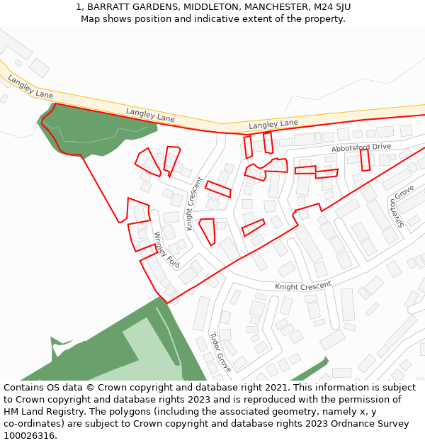 1, BARRATT GARDENS, MIDDLETON, MANCHESTER, M24 5JU: Location map and indicative extent of plot