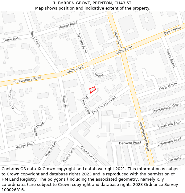 1, BARREN GROVE, PRENTON, CH43 5TJ: Location map and indicative extent of plot