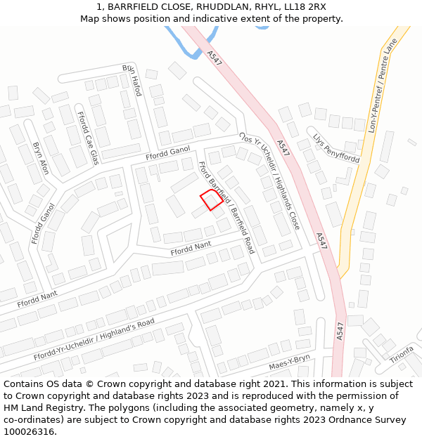 1, BARRFIELD CLOSE, RHUDDLAN, RHYL, LL18 2RX: Location map and indicative extent of plot