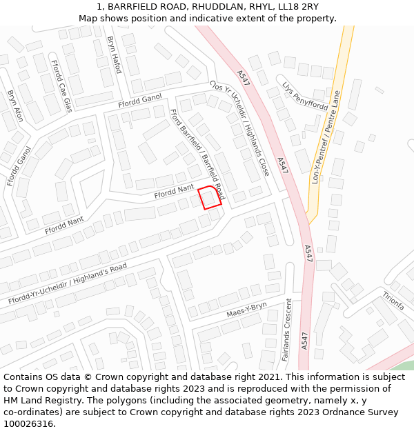 1, BARRFIELD ROAD, RHUDDLAN, RHYL, LL18 2RY: Location map and indicative extent of plot