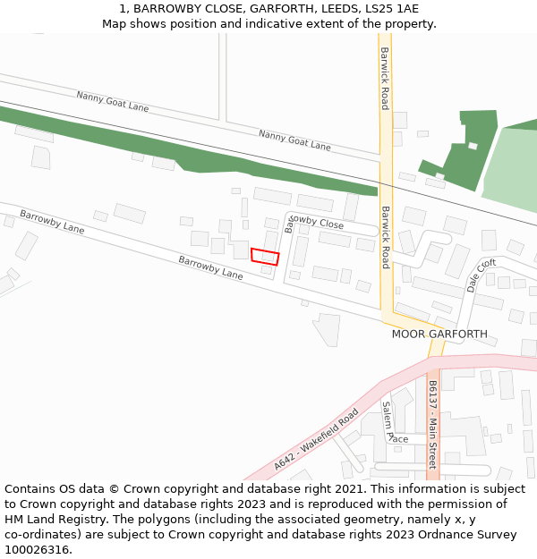 1, BARROWBY CLOSE, GARFORTH, LEEDS, LS25 1AE: Location map and indicative extent of plot