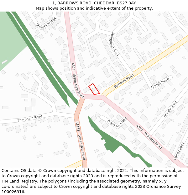 1, BARROWS ROAD, CHEDDAR, BS27 3AY: Location map and indicative extent of plot