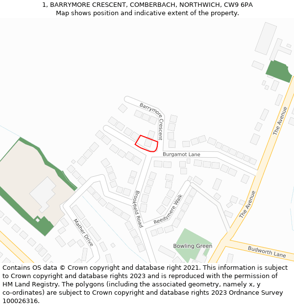 1, BARRYMORE CRESCENT, COMBERBACH, NORTHWICH, CW9 6PA: Location map and indicative extent of plot