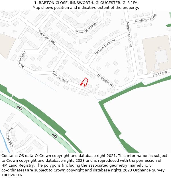 1, BARTON CLOSE, INNSWORTH, GLOUCESTER, GL3 1FA: Location map and indicative extent of plot