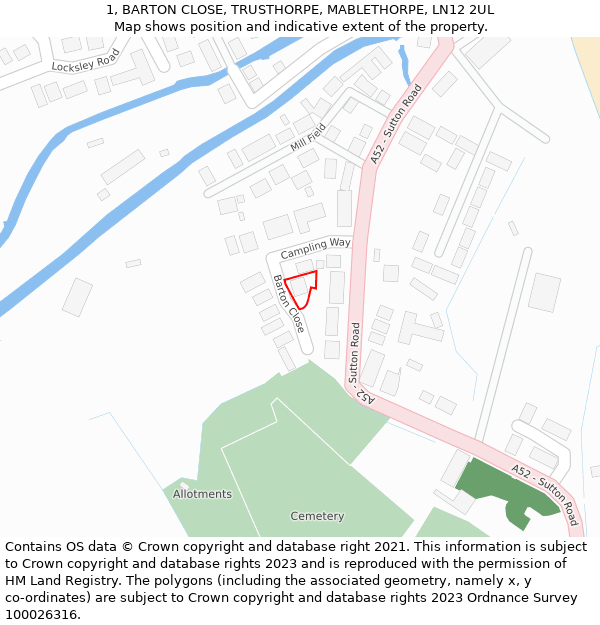 1, BARTON CLOSE, TRUSTHORPE, MABLETHORPE, LN12 2UL: Location map and indicative extent of plot