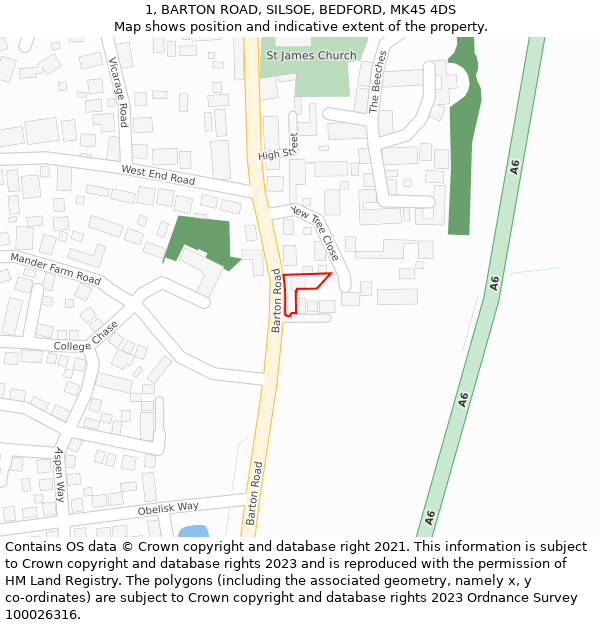 1, BARTON ROAD, SILSOE, BEDFORD, MK45 4DS: Location map and indicative extent of plot