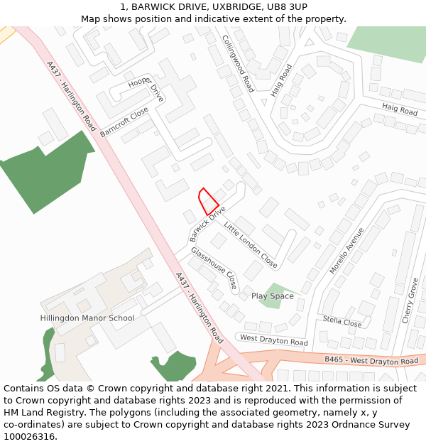 1, BARWICK DRIVE, UXBRIDGE, UB8 3UP: Location map and indicative extent of plot