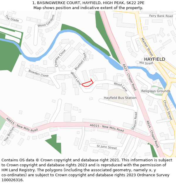 1, BASINGWERKE COURT, HAYFIELD, HIGH PEAK, SK22 2PE: Location map and indicative extent of plot