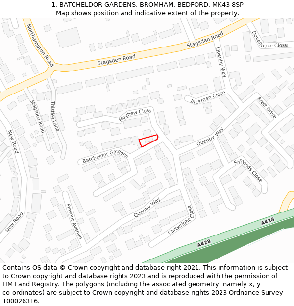 1, BATCHELDOR GARDENS, BROMHAM, BEDFORD, MK43 8SP: Location map and indicative extent of plot