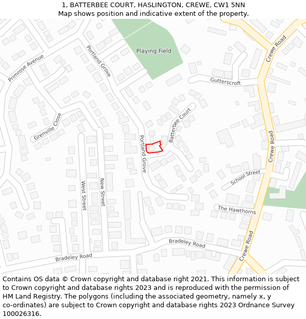 1, BATTERBEE COURT, HASLINGTON, CREWE, CW1 5NN: Location map and indicative extent of plot