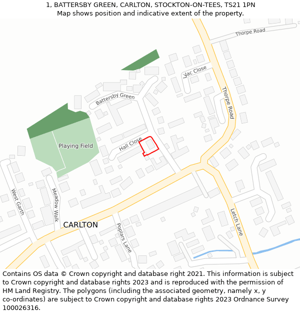 1, BATTERSBY GREEN, CARLTON, STOCKTON-ON-TEES, TS21 1PN: Location map and indicative extent of plot
