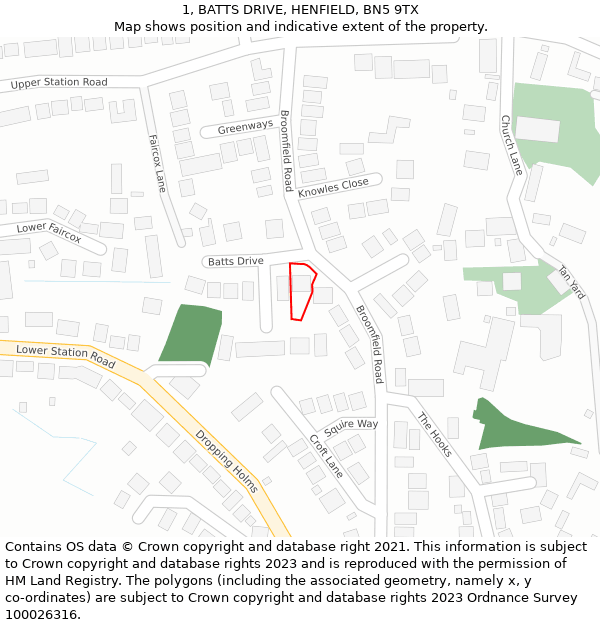 1, BATTS DRIVE, HENFIELD, BN5 9TX: Location map and indicative extent of plot