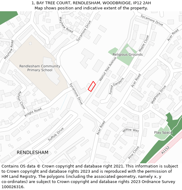 1, BAY TREE COURT, RENDLESHAM, WOODBRIDGE, IP12 2AH: Location map and indicative extent of plot