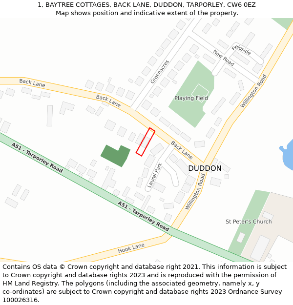 1, BAYTREE COTTAGES, BACK LANE, DUDDON, TARPORLEY, CW6 0EZ: Location map and indicative extent of plot