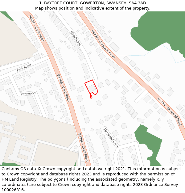 1, BAYTREE COURT, GOWERTON, SWANSEA, SA4 3AD: Location map and indicative extent of plot