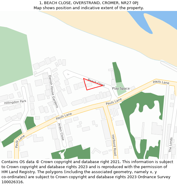 1, BEACH CLOSE, OVERSTRAND, CROMER, NR27 0PJ: Location map and indicative extent of plot