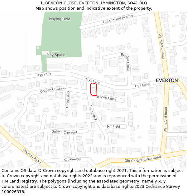 1, BEACON CLOSE, EVERTON, LYMINGTON, SO41 0LQ: Location map and indicative extent of plot