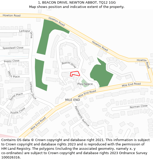 1, BEACON DRIVE, NEWTON ABBOT, TQ12 1GG: Location map and indicative extent of plot