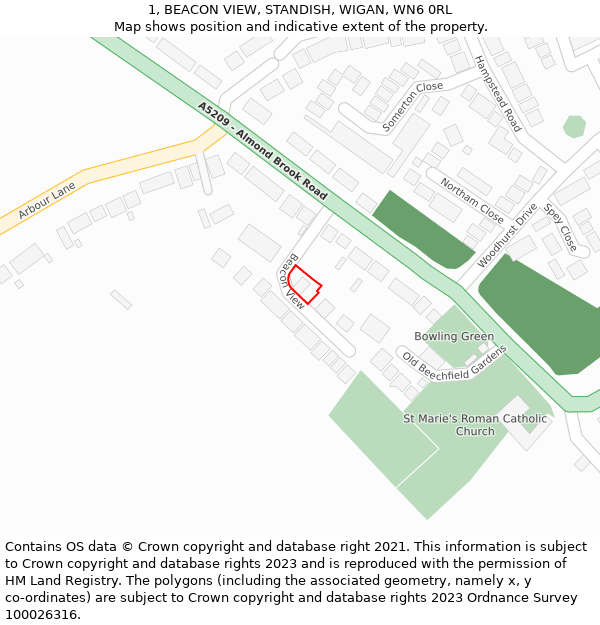 1, BEACON VIEW, STANDISH, WIGAN, WN6 0RL: Location map and indicative extent of plot