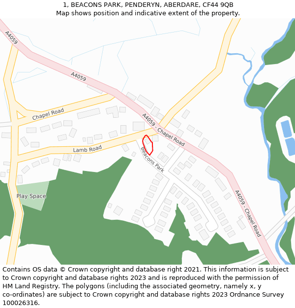 1, BEACONS PARK, PENDERYN, ABERDARE, CF44 9QB: Location map and indicative extent of plot