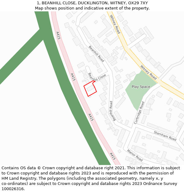 1, BEANHILL CLOSE, DUCKLINGTON, WITNEY, OX29 7XY: Location map and indicative extent of plot