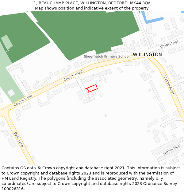 1, BEAUCHAMP PLACE, WILLINGTON, BEDFORD, MK44 3QA: Location map and indicative extent of plot