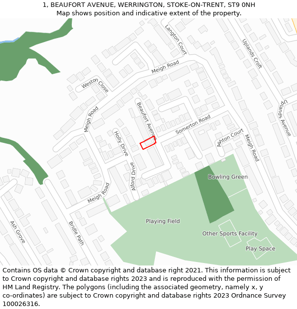 1, BEAUFORT AVENUE, WERRINGTON, STOKE-ON-TRENT, ST9 0NH: Location map and indicative extent of plot