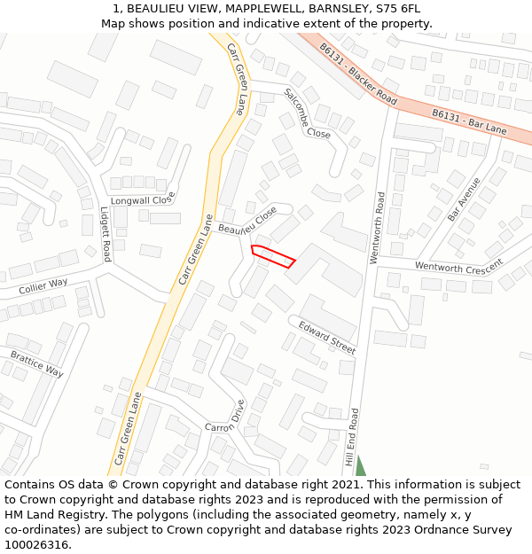 1, BEAULIEU VIEW, MAPPLEWELL, BARNSLEY, S75 6FL: Location map and indicative extent of plot