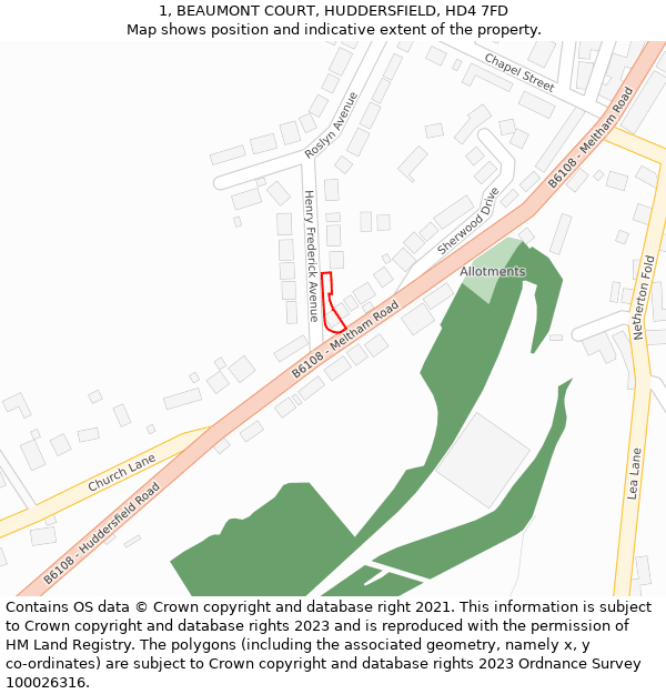1, BEAUMONT COURT, HUDDERSFIELD, HD4 7FD: Location map and indicative extent of plot