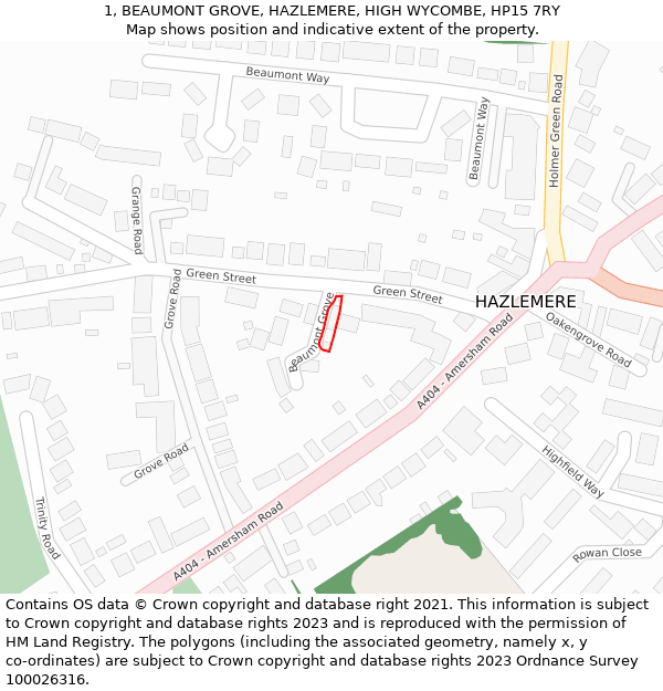 1, BEAUMONT GROVE, HAZLEMERE, HIGH WYCOMBE, HP15 7RY: Location map and indicative extent of plot