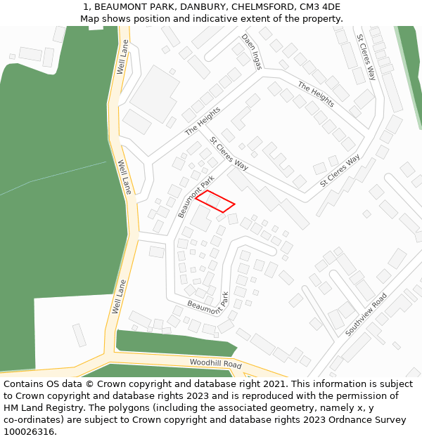 1, BEAUMONT PARK, DANBURY, CHELMSFORD, CM3 4DE: Location map and indicative extent of plot