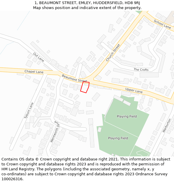 1, BEAUMONT STREET, EMLEY, HUDDERSFIELD, HD8 9RJ: Location map and indicative extent of plot