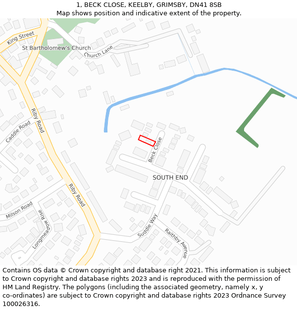 1, BECK CLOSE, KEELBY, GRIMSBY, DN41 8SB: Location map and indicative extent of plot