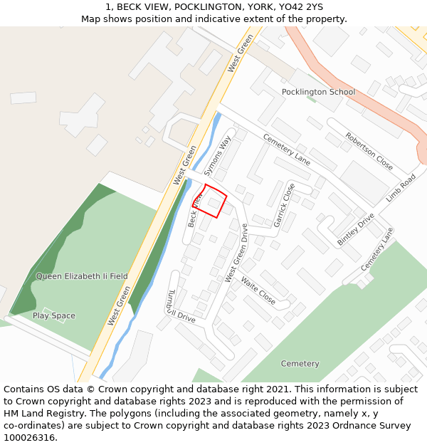 1, BECK VIEW, POCKLINGTON, YORK, YO42 2YS: Location map and indicative extent of plot