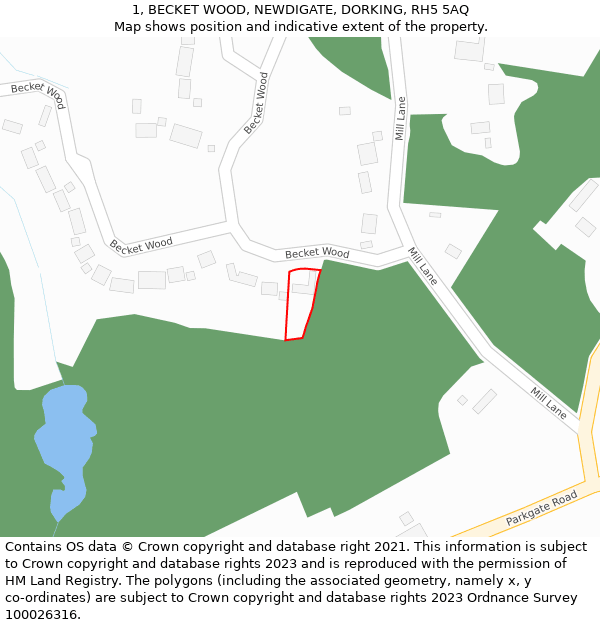 1, BECKET WOOD, NEWDIGATE, DORKING, RH5 5AQ: Location map and indicative extent of plot