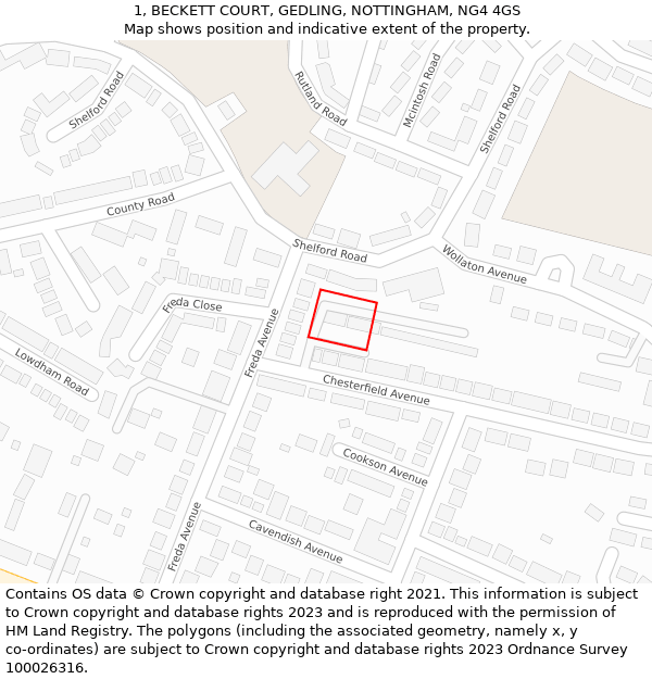 1, BECKETT COURT, GEDLING, NOTTINGHAM, NG4 4GS: Location map and indicative extent of plot