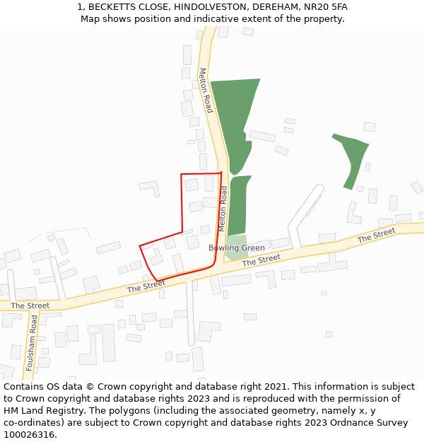 1, BECKETTS CLOSE, HINDOLVESTON, DEREHAM, NR20 5FA: Location map and indicative extent of plot