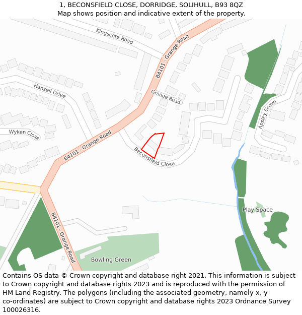 1, BECONSFIELD CLOSE, DORRIDGE, SOLIHULL, B93 8QZ: Location map and indicative extent of plot