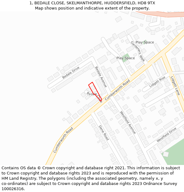 1, BEDALE CLOSE, SKELMANTHORPE, HUDDERSFIELD, HD8 9TX: Location map and indicative extent of plot