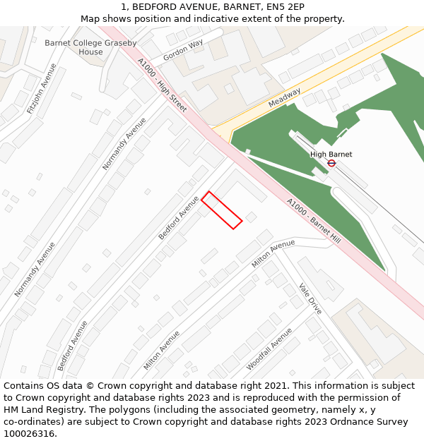 1, BEDFORD AVENUE, BARNET, EN5 2EP: Location map and indicative extent of plot