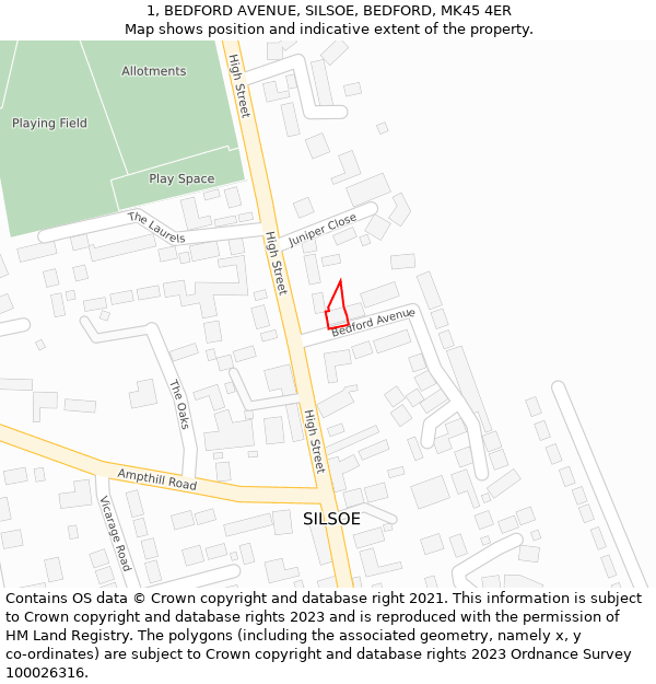 1, BEDFORD AVENUE, SILSOE, BEDFORD, MK45 4ER: Location map and indicative extent of plot