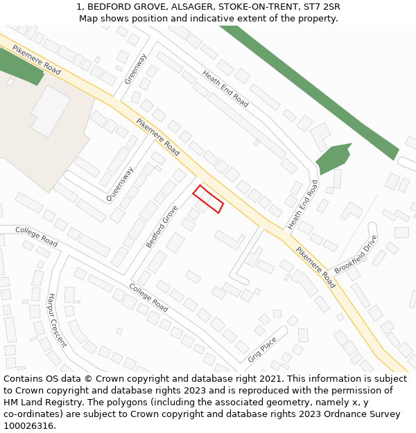 1, BEDFORD GROVE, ALSAGER, STOKE-ON-TRENT, ST7 2SR: Location map and indicative extent of plot