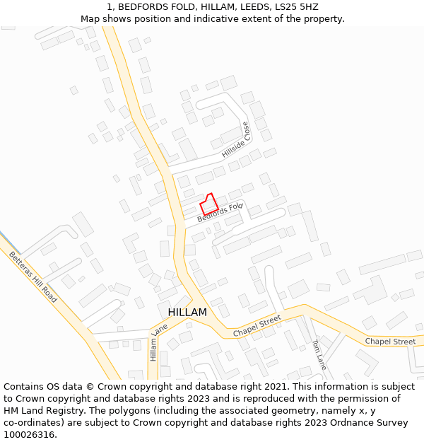 1, BEDFORDS FOLD, HILLAM, LEEDS, LS25 5HZ: Location map and indicative extent of plot