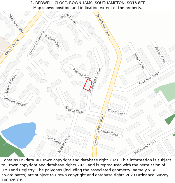 1, BEDWELL CLOSE, ROWNHAMS, SOUTHAMPTON, SO16 8FT: Location map and indicative extent of plot